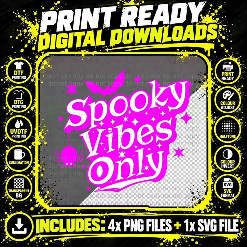 Spooky Vibes Only Retro Pink Halloween T-Shirt Png SVG Digital Bundle