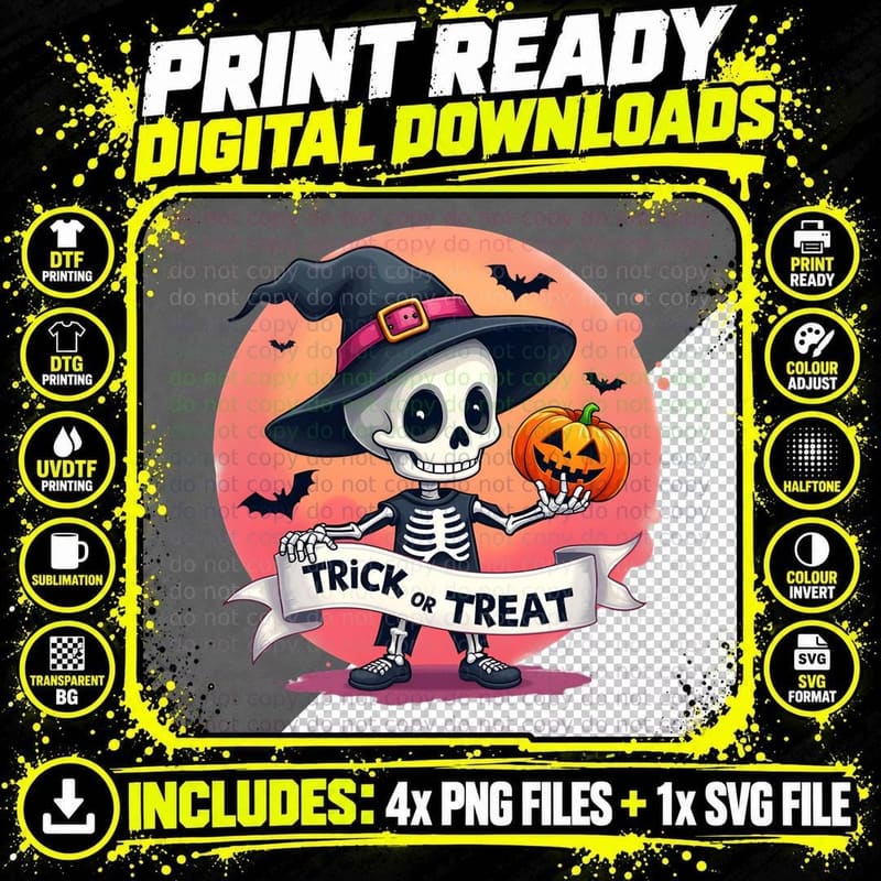 Spooky Witch Skeleton Halloween Trick or Treat T-Shirt Png SVG Digital Bundle
