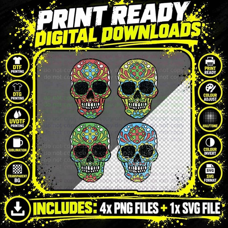 Sugar Skull Halloween Costume Scary Skeleton T-Shirt Png SVG Digital Bundle