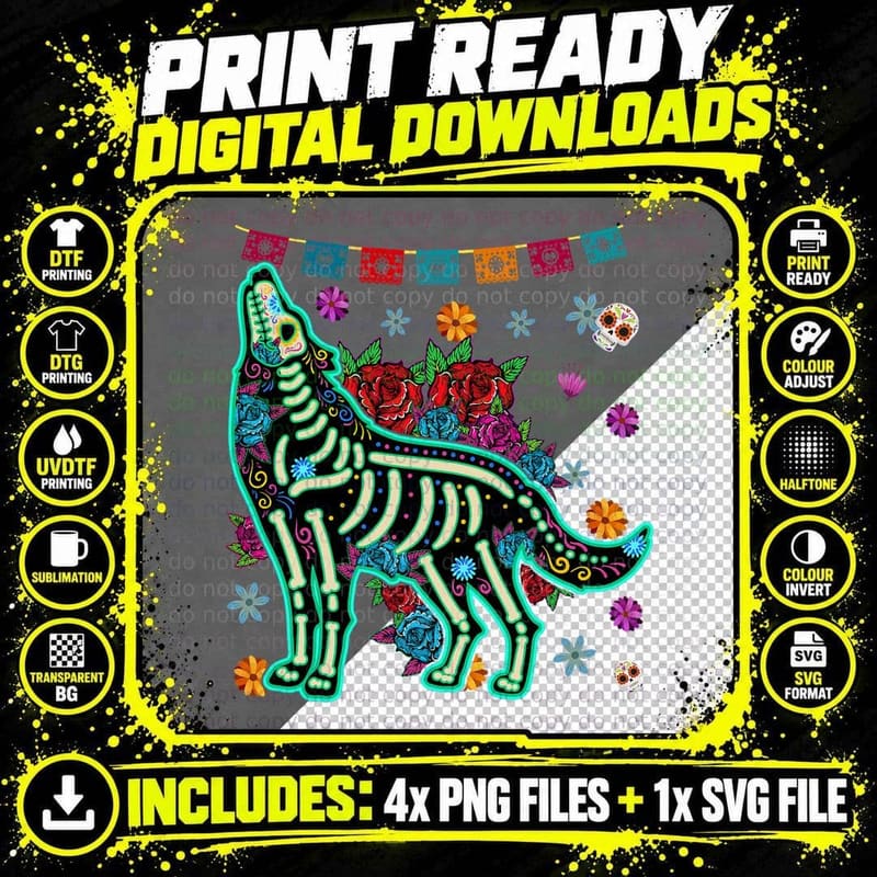 Sugar Skull Mexican Wolf Bone Halloween Day of Dead Png SVG Digital Bundle