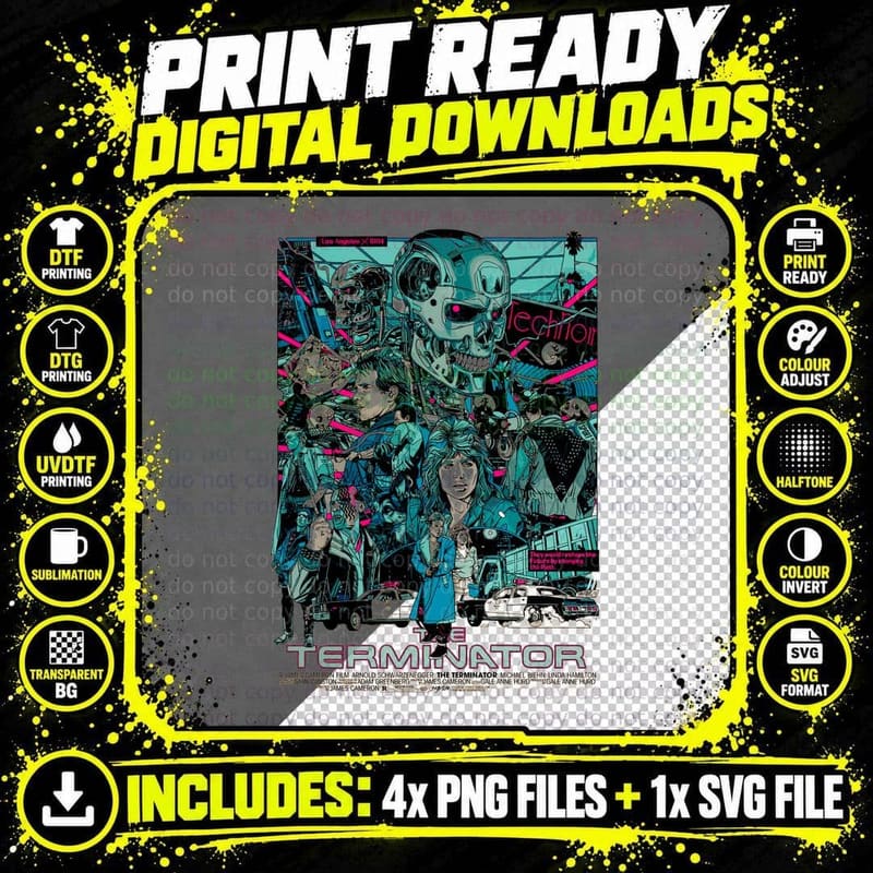 Terminator Movie Poster T-Shirt, Sci-Fi Horror Print Png SVG Digital Bundle