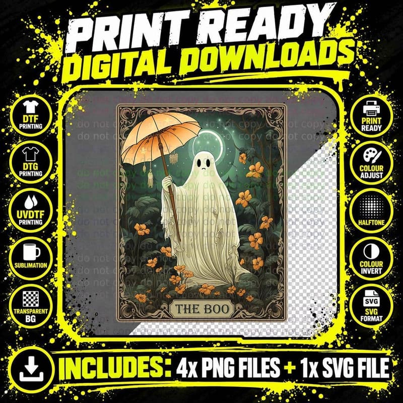 The Boo Tarot Card Floral Halloween Ghost in the Forest Png SVG Digital Bundle