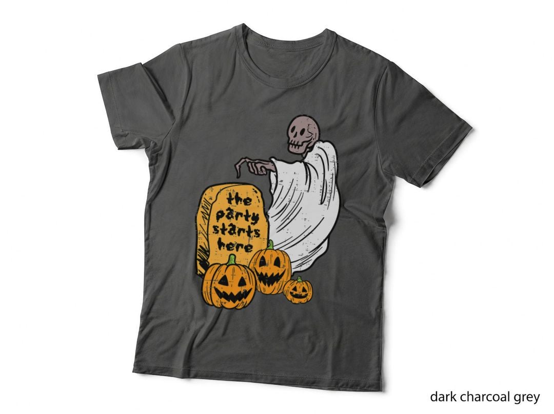 The Party Start Here Pumpkin Skeleton Retro Horror Halloween T-Shirt