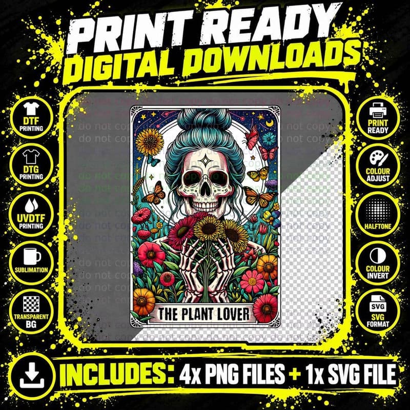 The Plant Lover Tarot Card Skeleton Flower Gardening Png SVG Digital Bundle