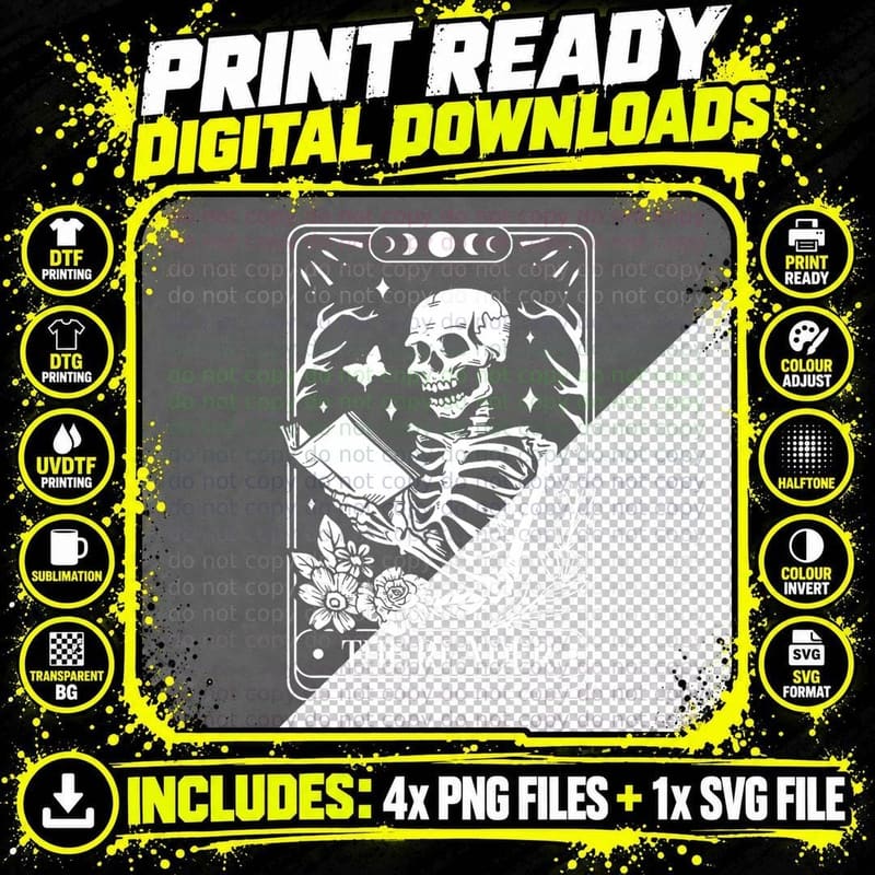 The Reader Tarot Funny Skeleton Reading T-Shirt Png SVG Digital Bundle