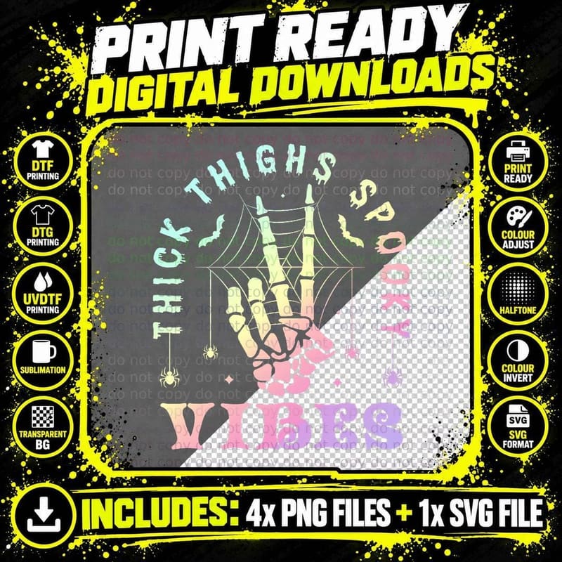 Thick Thighs Spooky Vibes Skeleton Pastel Goth Aesthetic Png SVG Digital Bundle