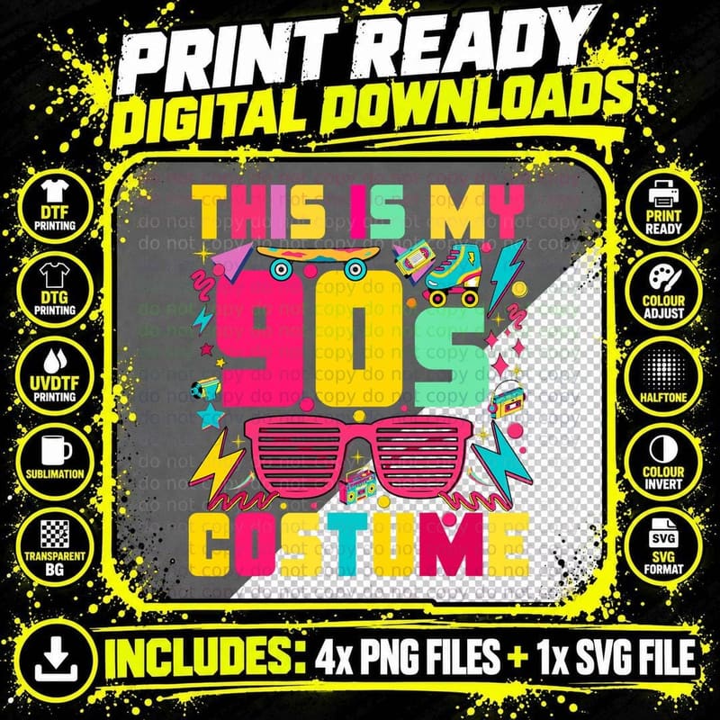 This Is My 90s Costume Colorful Outfit Retro Party Png SVG Digital Bundle