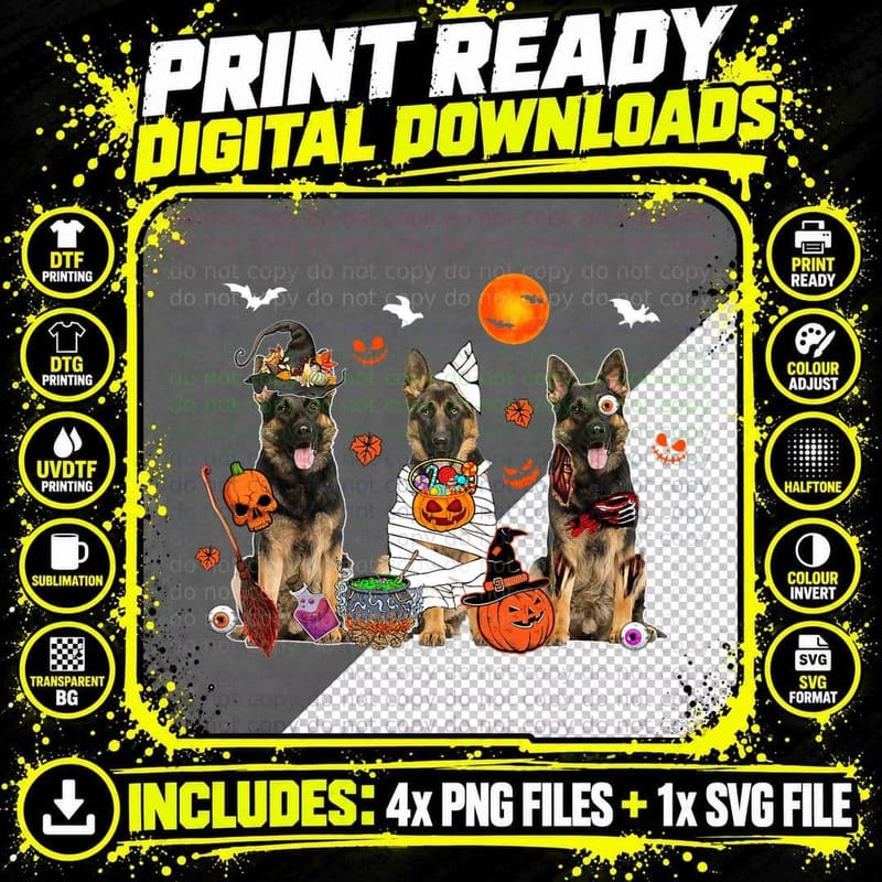 Three German Shepherds Witch Scary Mummy Halloween Png SVG Digital Bundle