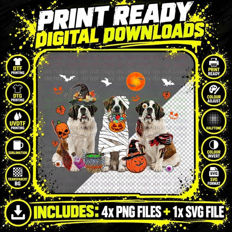 Three St. Bernard Dogs Witch Scary Mummy Halloween Png SVG Digital Bundle