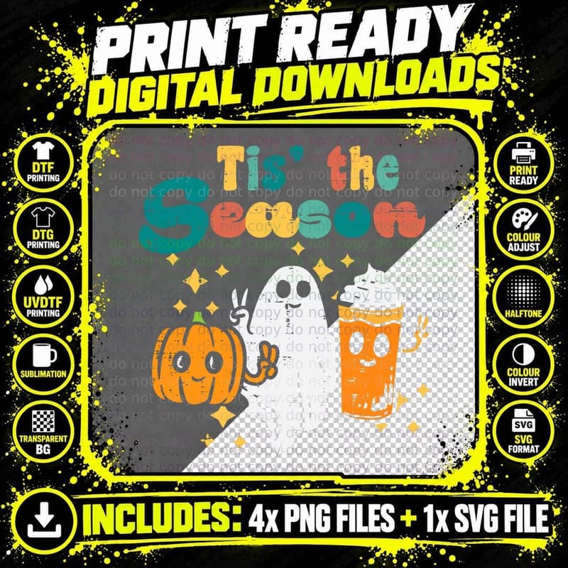 Tis the Season Pumpkin Ghost Latte Retro Halloween Fall Png SVG Digital Bundle