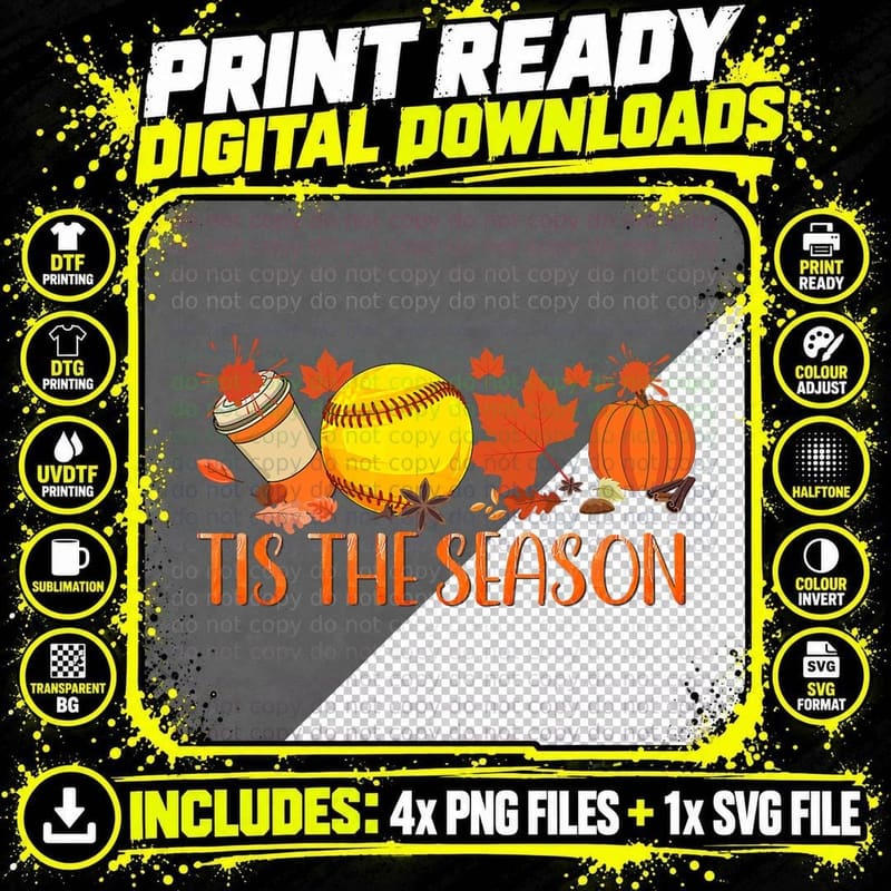 Tis the Season Pumpkin Leaf Latte Fall Softballs T-Shirt Png SVG Digital Bundle
