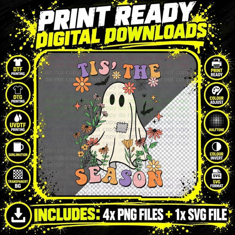 Tis' the Season Retro Halloween Party Funny Ghost Png SVG Digital Bundle