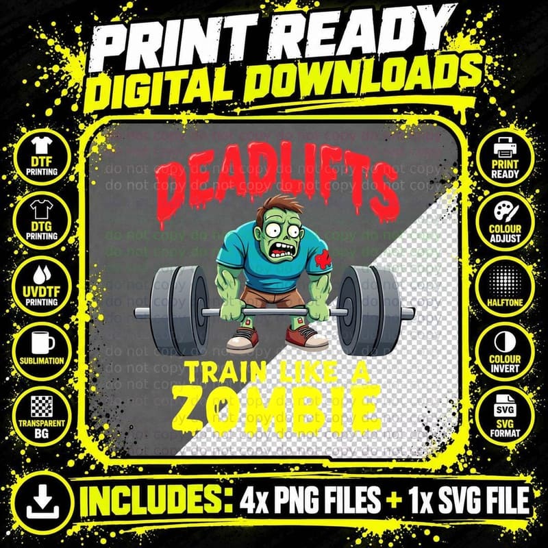 Train Like a Zombie Deadlifts, Horror, Halloween Png SVG Digital Bundle