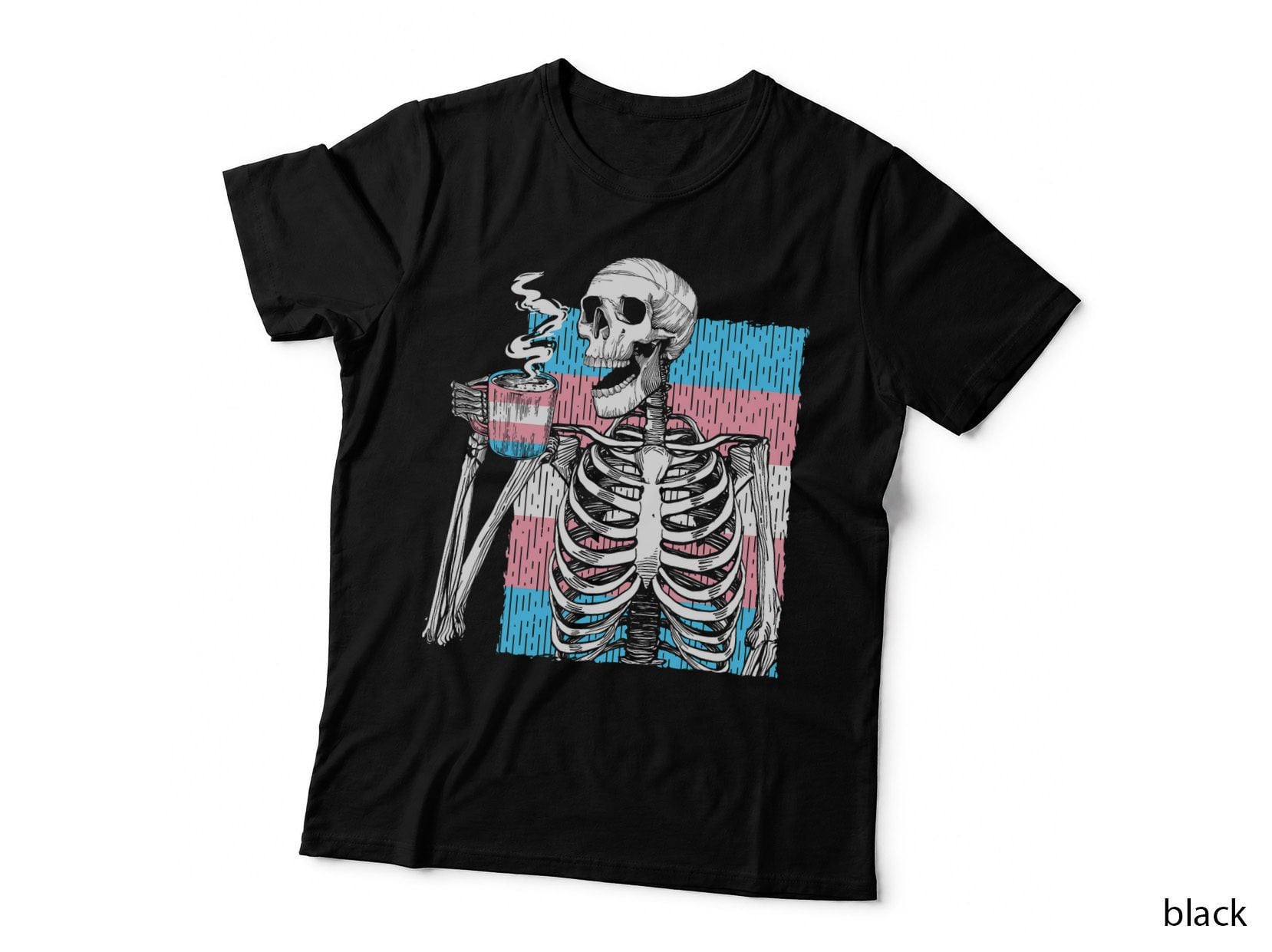 Transgender Skeleton Drinking Coffee Trans Flag LGBT Pride T-Shirt