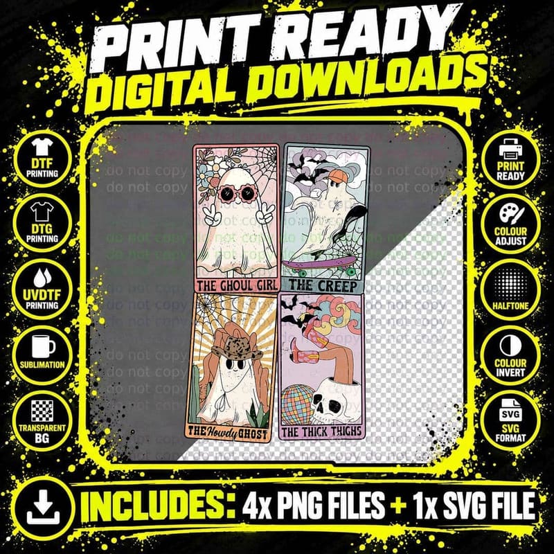 Trendy Ghost Tarot Card Spooky Season Funny Halloween Png SVG Digital Bundle