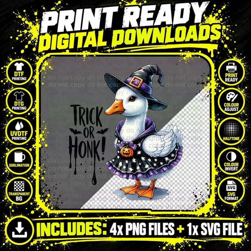 Trick or Honk Witch Goose Watercolor, Gift Idea Png SVG Digital Bundle