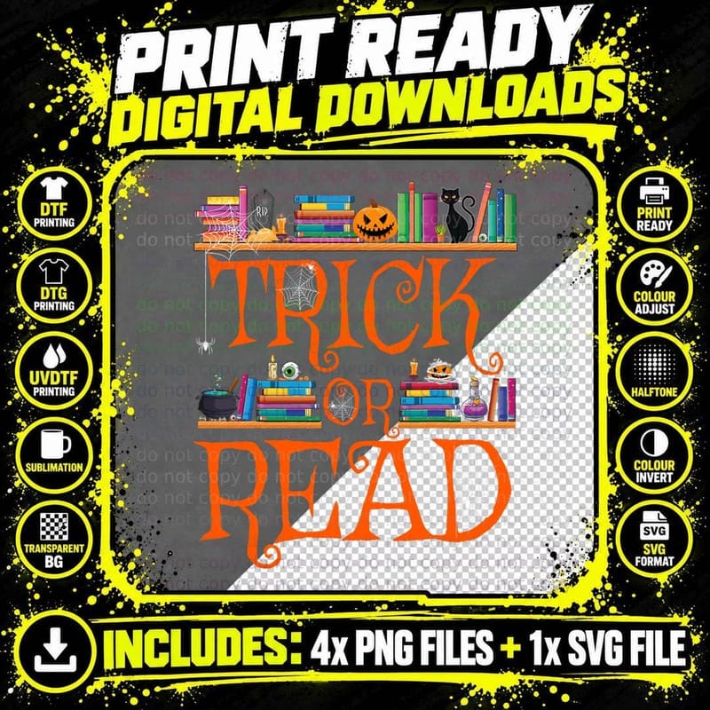 Trick or Read Funny Halloween Teacher Book Library Png SVG Digital Bundle