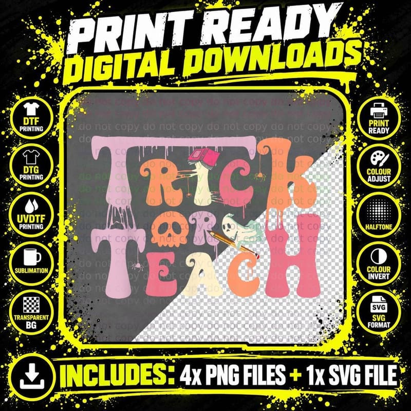 Trick or Teach Floral Groovy Halloween Teacher Retro Png SVG Digital Bundle