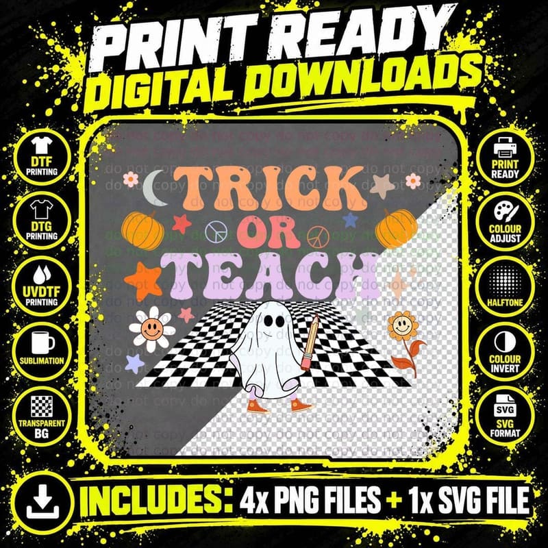 Trick or Teach Ghost Teacher Halloween Retro Groovy Png SVG Digital Bundle