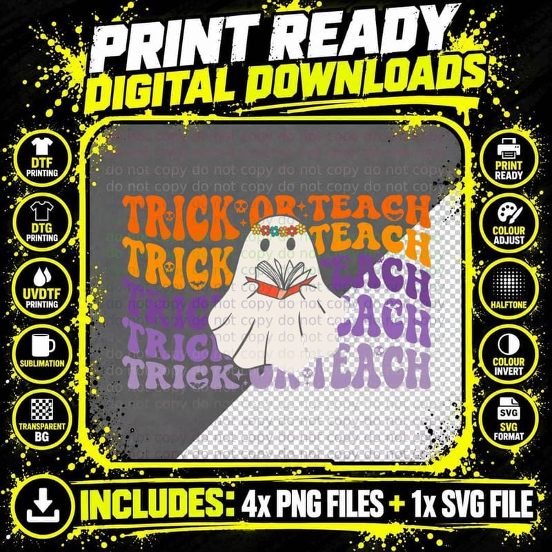 Trick or Teach Shirt, Retro Vintage Groovy Ghost Png SVG Digital Bundle