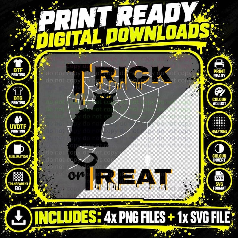 Trick or Treat Halloween Black Cat Spider Web Tops Items Png SVG Digital Bundle