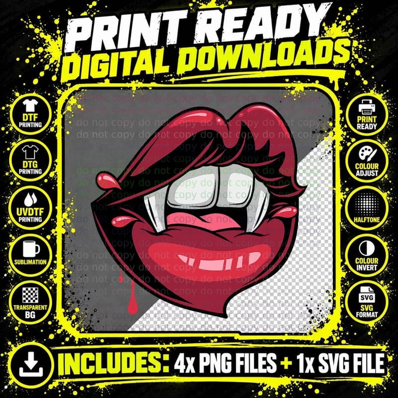 Vampire Fangs Teeth Lips Sexy Halloween Gothic Horror Png SVG Digital Bundle