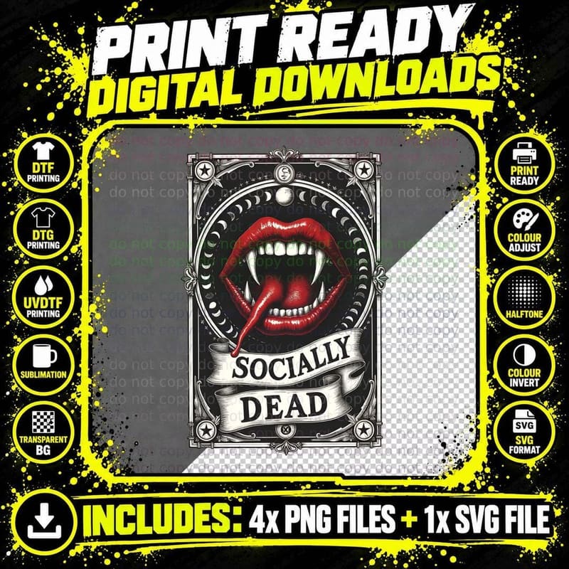 Vampire Fangs, Socially DEAD Lips, Mystical Lunar Gothic Png SVG Digital Bundle