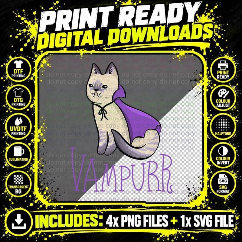 Vampurr Adorable Cat Dracula Cat Horror Halloween T-Shirt Png SVG Digital Bundle