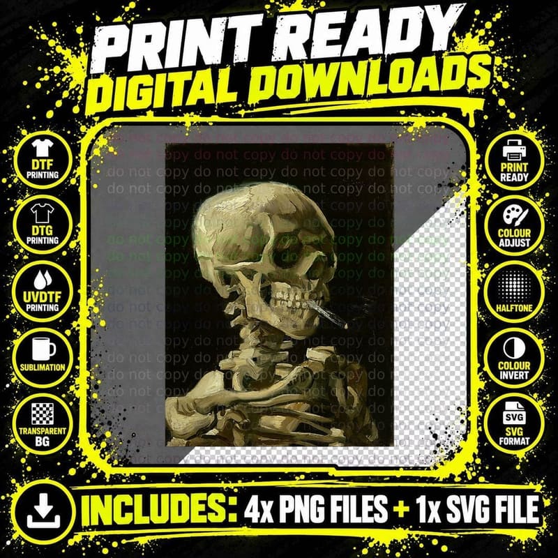 Van Gogh Skeleton with a Burning Cigarette Fine Art Png SVG Digital Bundle