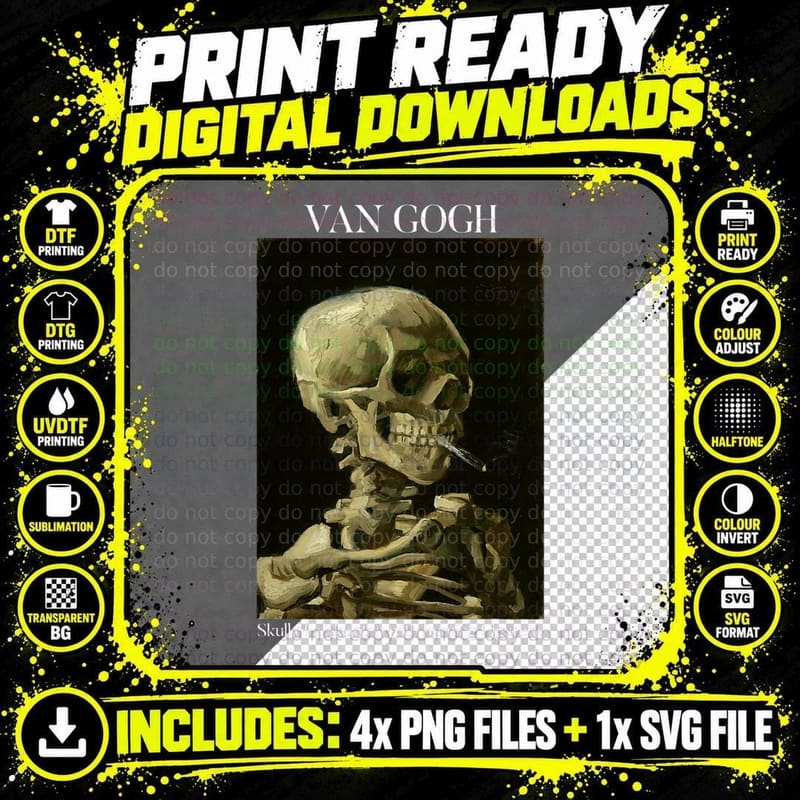Van Gogh Skull with a Burning Cigarette Skeleton Png SVG Digital Bundle