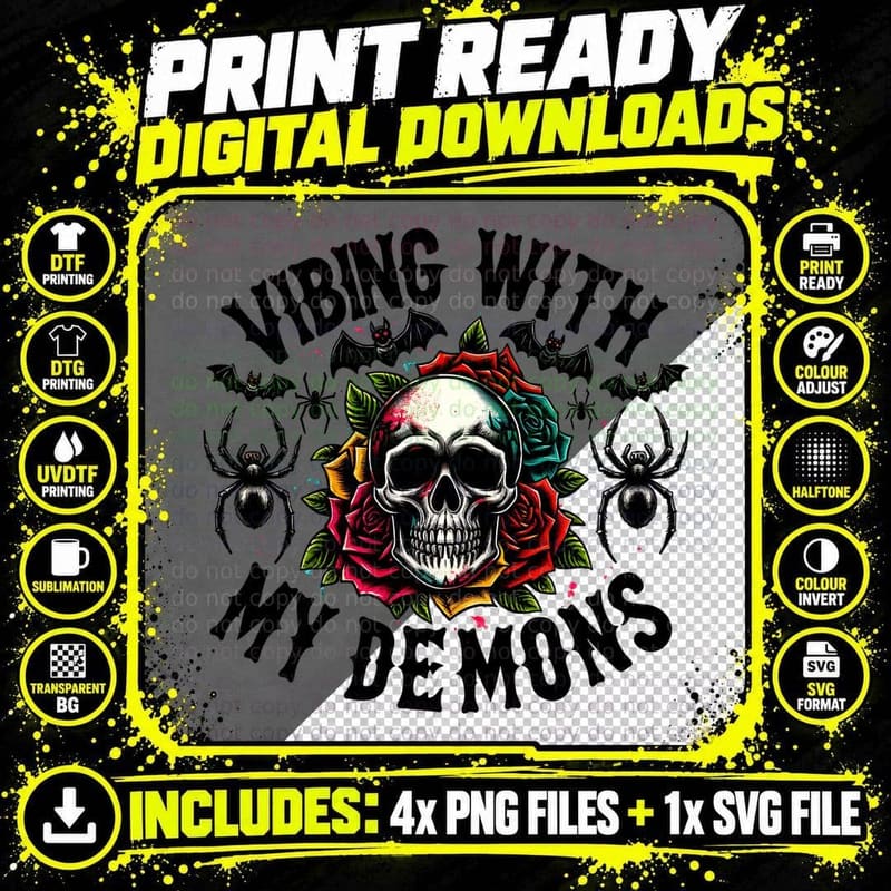 Vibing with My Demons, Skull Halloween, Horror Png SVG Digital Bundle