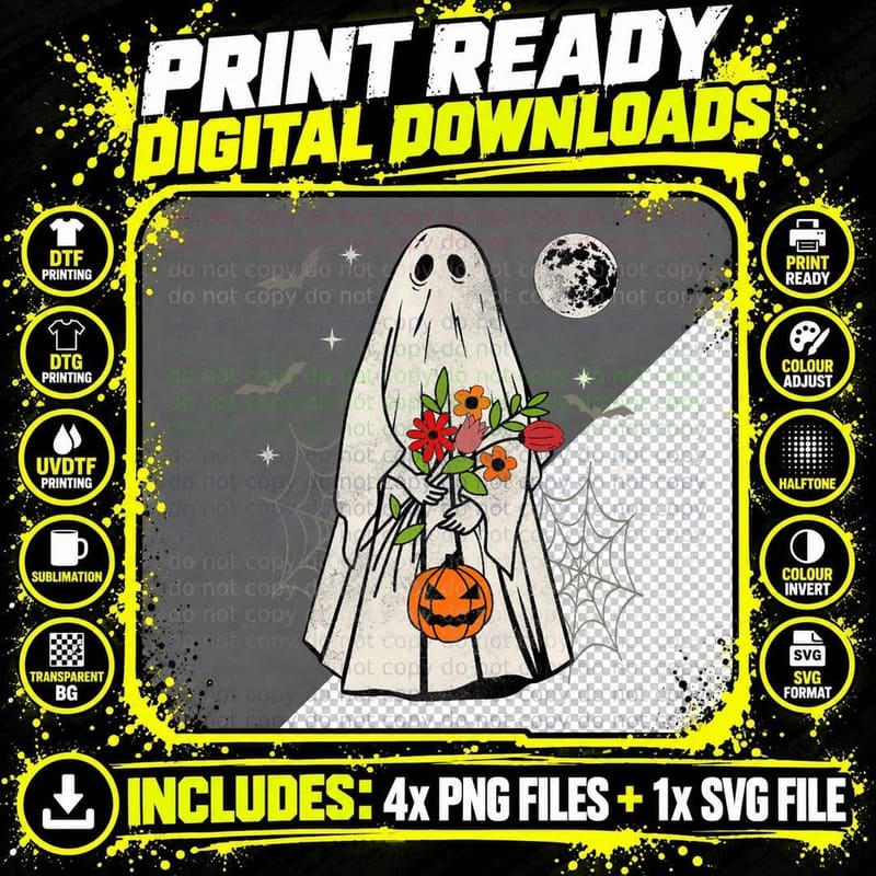 Vintage Boo Floral Jack O Lantern Ghost Halloween Png SVG Digital Bundle