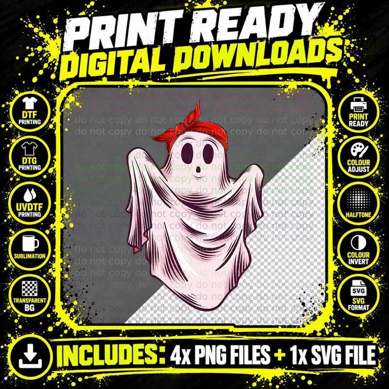 Vintage Ghost Halloween Costume with Bandana Funny Boo Png SVG Digital Bundle