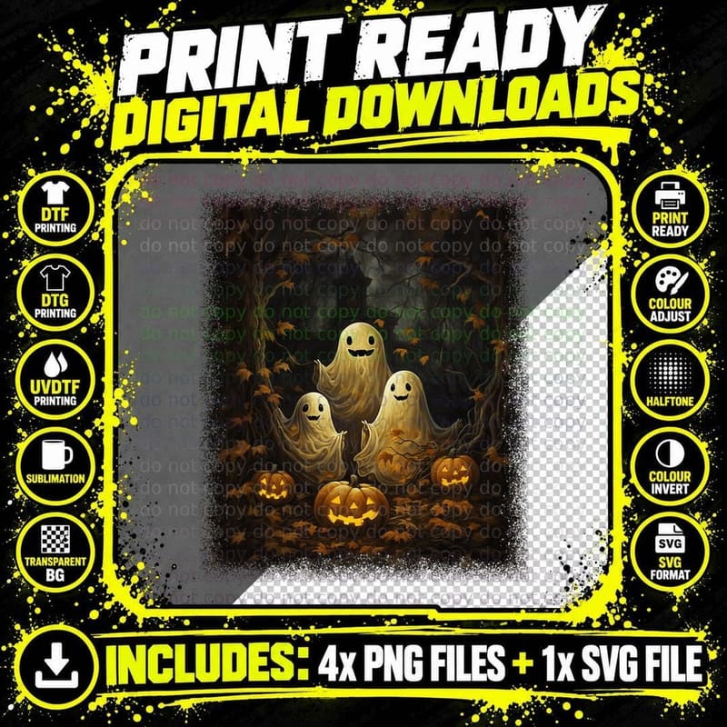 Vintage Gothic Halloween 3 Ghosts Pumpkin in the Forest Png SVG Digital Bundle