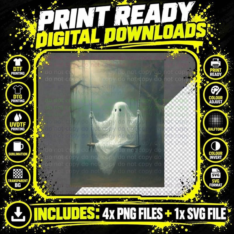 Vintage Halloween Costume Ghost Swing in the Forest Png SVG Digital Bundle