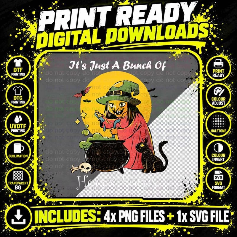 Vintage Halloween Scary Cat, It's Just a Bunch of Hocus Png SVG Digital Bundle