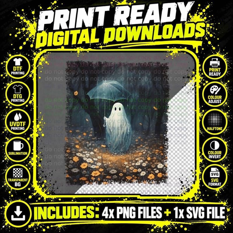 Vintage Halloween Spooky Ghost in the Forest Umbrella Png SVG Digital Bundle