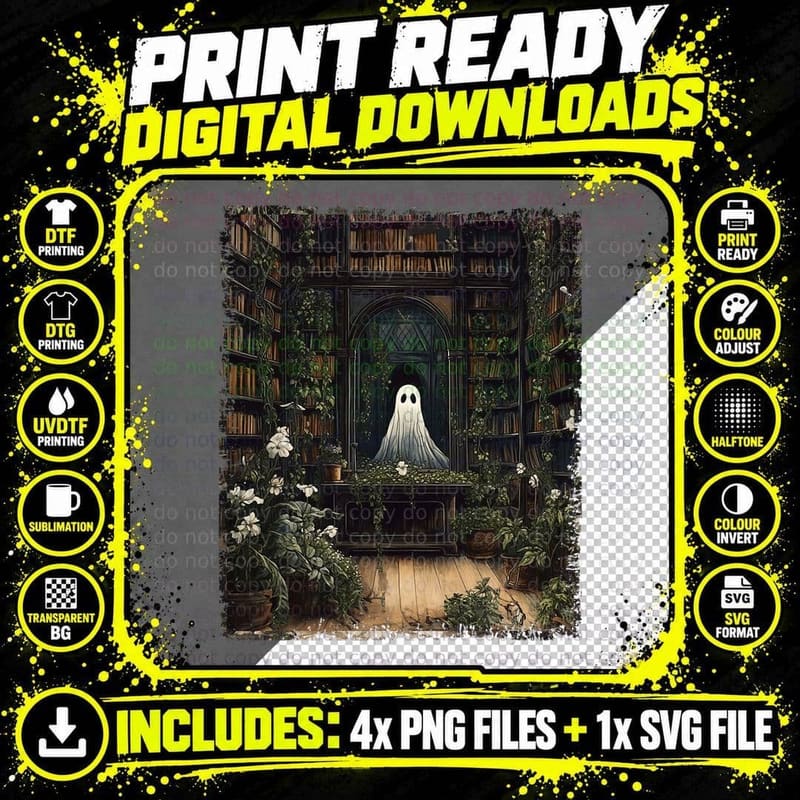 Vintage Halloween Spooky Ghost in the Library Gothic Png SVG Digital Bundle