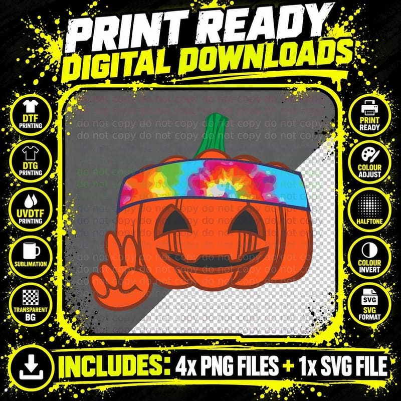 Vintage Hippie Tie Dye Halloween Peace Sign Pumpkin Png SVG Digital Bundle