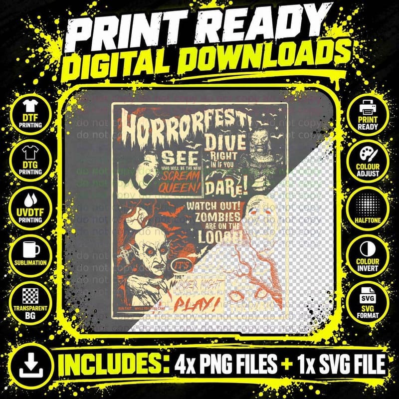 Vintage Horrorfest Poster Halloween Movie Old Time Png SVG Digital Bundle