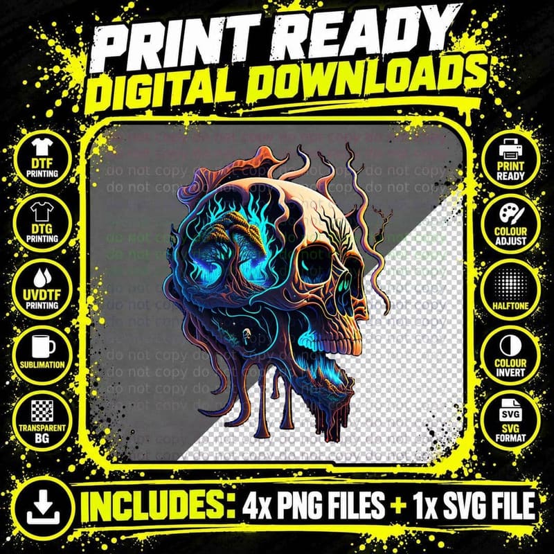 Vintage Trippy Colorful Infected Skeleton Head Mushroom Png SVG Digital Bundle