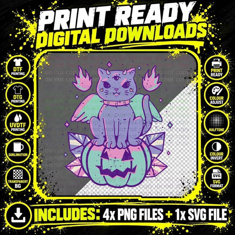 Vintage Witchy Cat Cute Halloween Costume Funny Graphic Png SVG Digital Bundle