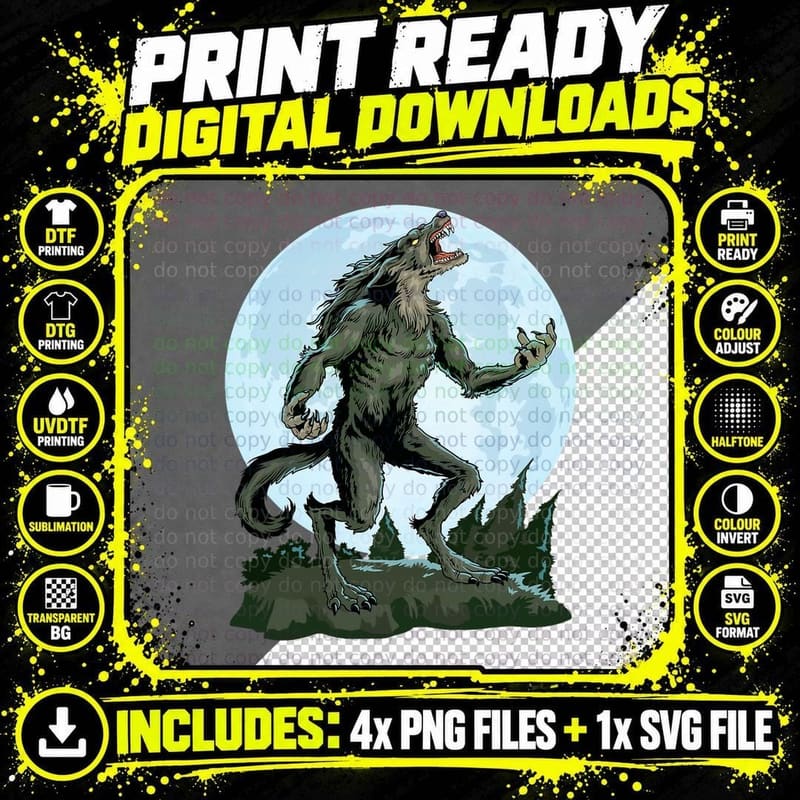 Werewolf Howling at the Moon Creepy Wolf Full Moon Png SVG Digital Bundle