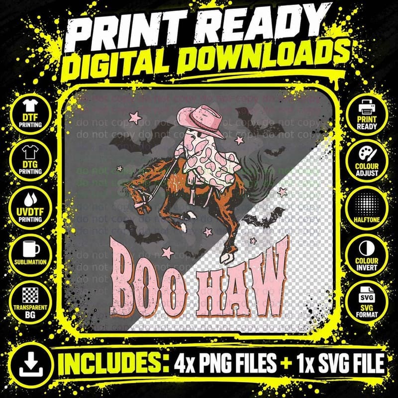 Western Halloween Boo Haw Ghost Cowboy Cowgirl Funny Png SVG Digital Bundle