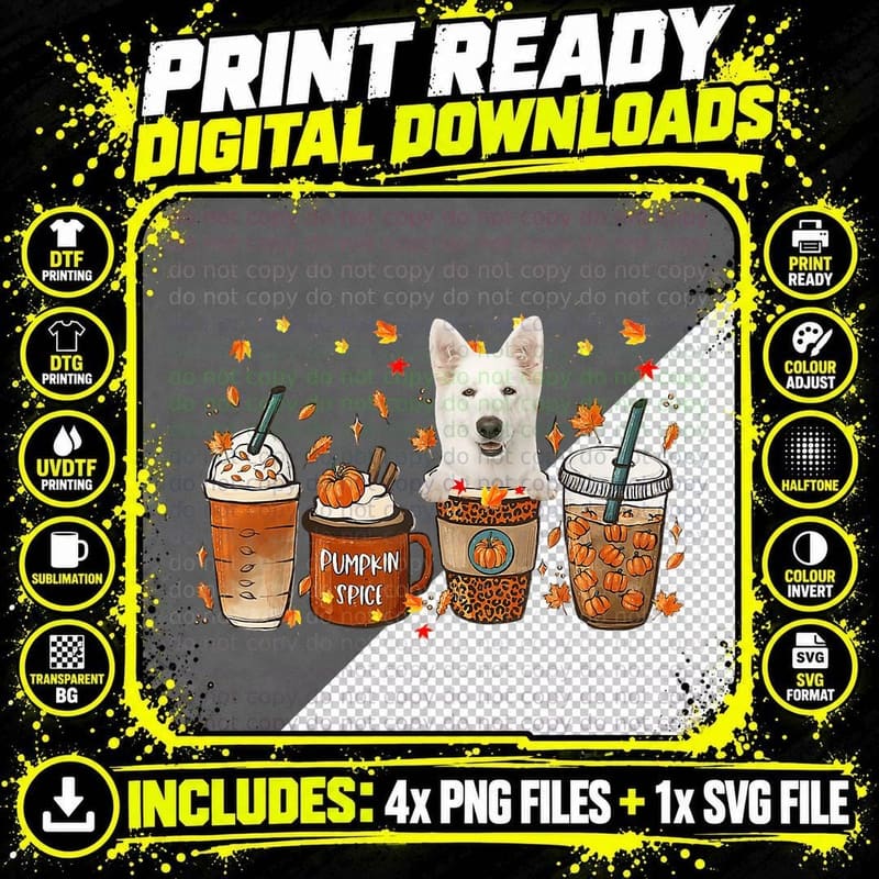 White German Shepherd Fall Coffee Pumpkin Spice Latte Png SVG Digital Bundle
