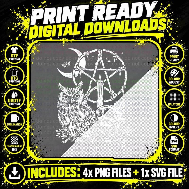Wiccan Witch Owl, Candle, Moon, Skull Png SVG Digital Bundle