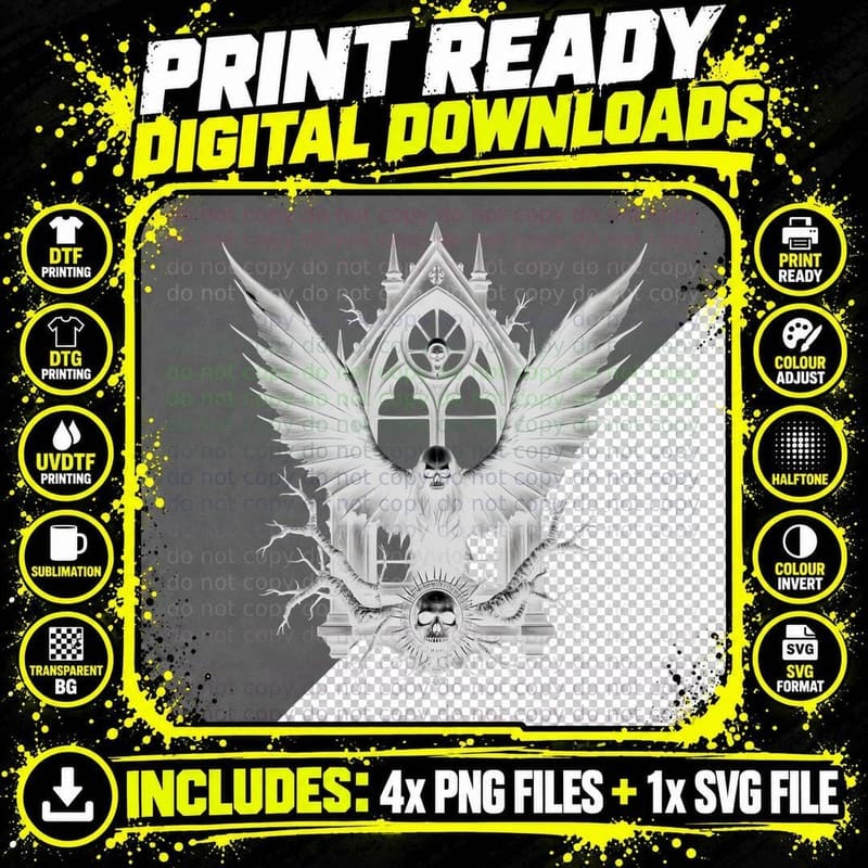 Winged Skull Demon Figure Dark Art Illustration Gothic Png SVG Digital Bundle