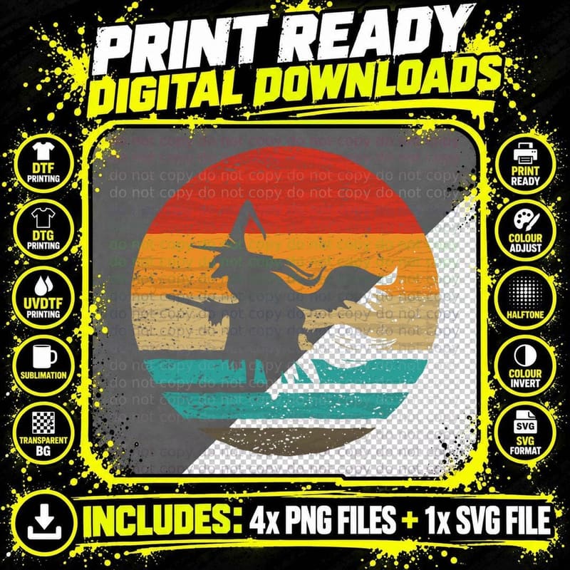 Witch Broom Halloween Retro Style Vintage T-Shirt Png SVG Digital Bundle