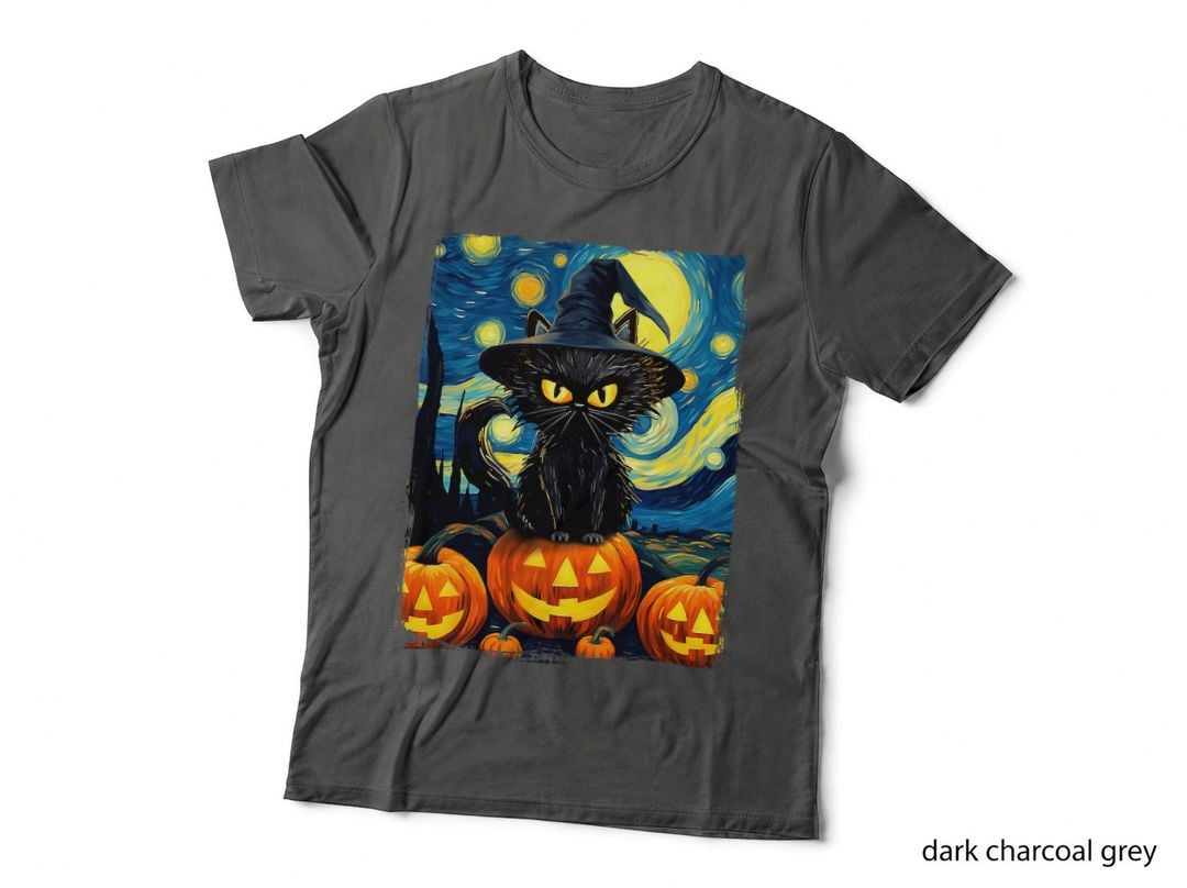 Witch Cat Starry Night Van Gogh Retro Halloween Cat Art Kids T-Shirt