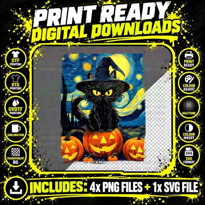 Witch Cat Starry Night Van Gogh Retro Halloween Cat Art Png SVG Digital Bundle